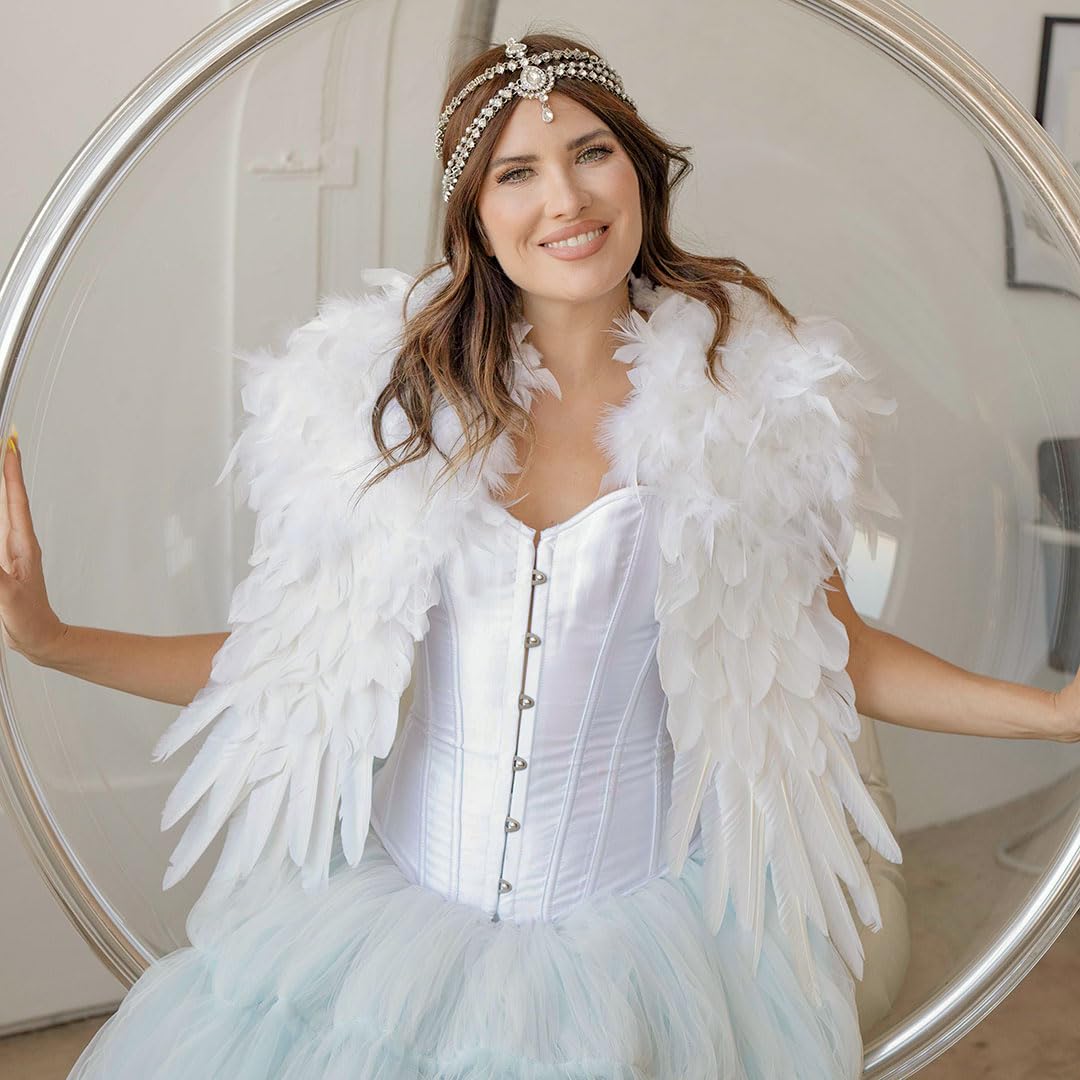 ZUCKER Epaulet Shoulder Wings Ethically-Sourced Real Goose and Chandelle Feathers - Over the Shoulder Angel Feather Epaulette - Feather Shrug for Costumes & Parties - White (52" x 24") - Image 4