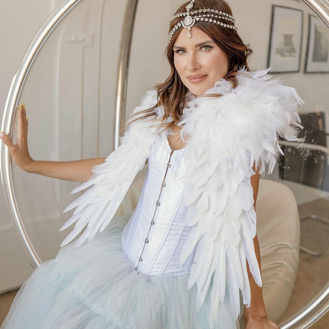 ZUCKER Epaulet Shoulder Wings Ethically-Sourced Real Goose and Chandelle Feathers - Over the Shoulder Angel Feather Epaulette - Feather Shrug for Costumes & Parties - White (52" x 24") - Image 5