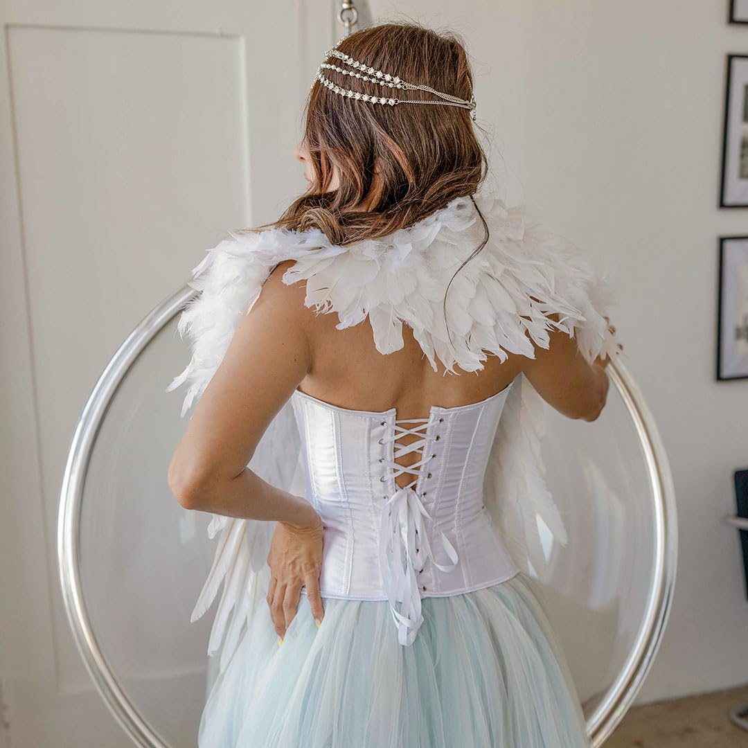 ZUCKER Epaulet Shoulder Wings Ethically-Sourced Real Goose and Chandelle Feathers - Over the Shoulder Angel Feather Epaulette - Feather Shrug for Costumes & Parties - White (52" x 24") - Image 6