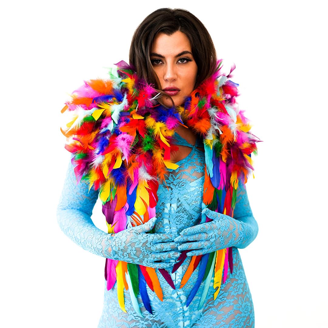 ZUCKER Epaulet Shoulder Wings Ethically-Sourced Real Goose and Chandelle Feathers - Over the Shoulder Angel Feather Epaulette - Feather Shrug for Costumes & Parties - Bright Rainbow (52" x 24") - Image 3