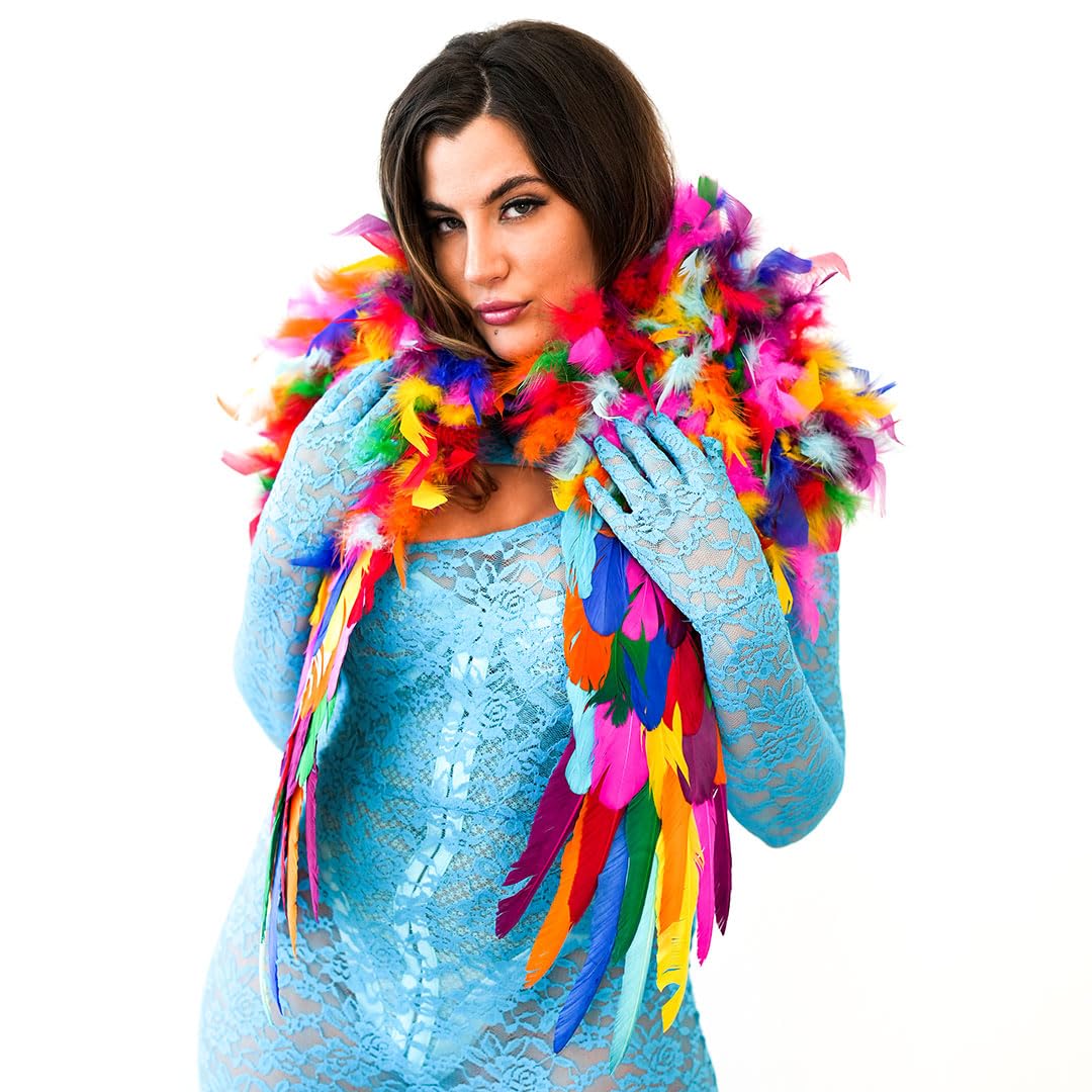 ZUCKER Epaulet Shoulder Wings Ethically-Sourced Real Goose and Chandelle Feathers - Over the Shoulder Angel Feather Epaulette - Feather Shrug for Costumes & Parties - Bright Rainbow (52" x 24") - Image 4