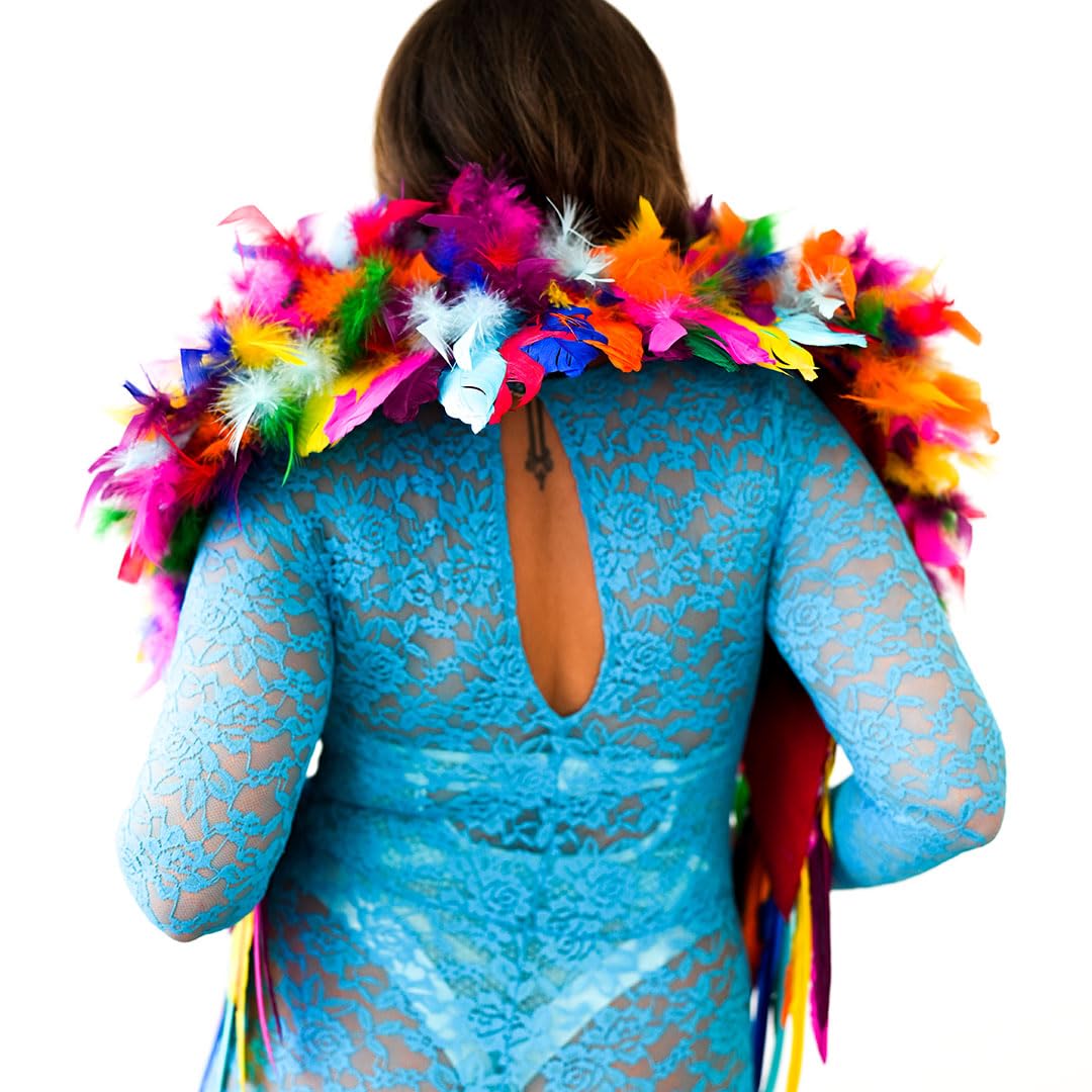 ZUCKER Epaulet Shoulder Wings Ethically-Sourced Real Goose and Chandelle Feathers - Over the Shoulder Angel Feather Epaulette - Feather Shrug for Costumes & Parties - Bright Rainbow (52" x 24") - Image 5