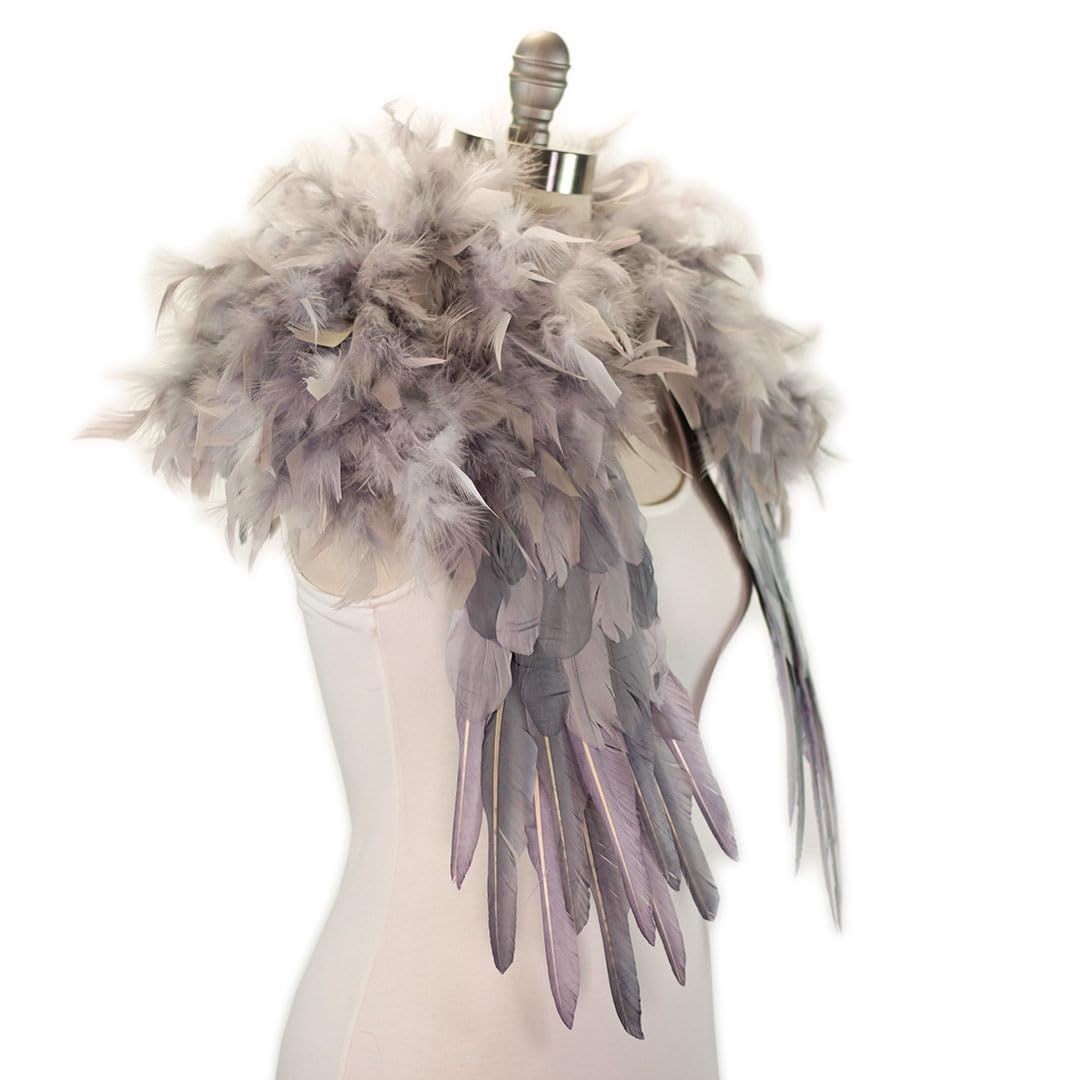 ZUCKER Epaulet Shoulder Wings Ethically-Sourced Real Goose and Chandelle Feathers - Over the Shoulder Angel Feather Epaulette - Feather Shrug for Costumes & Parties - Dark Grey & Silver (52" x 24") - Image 3