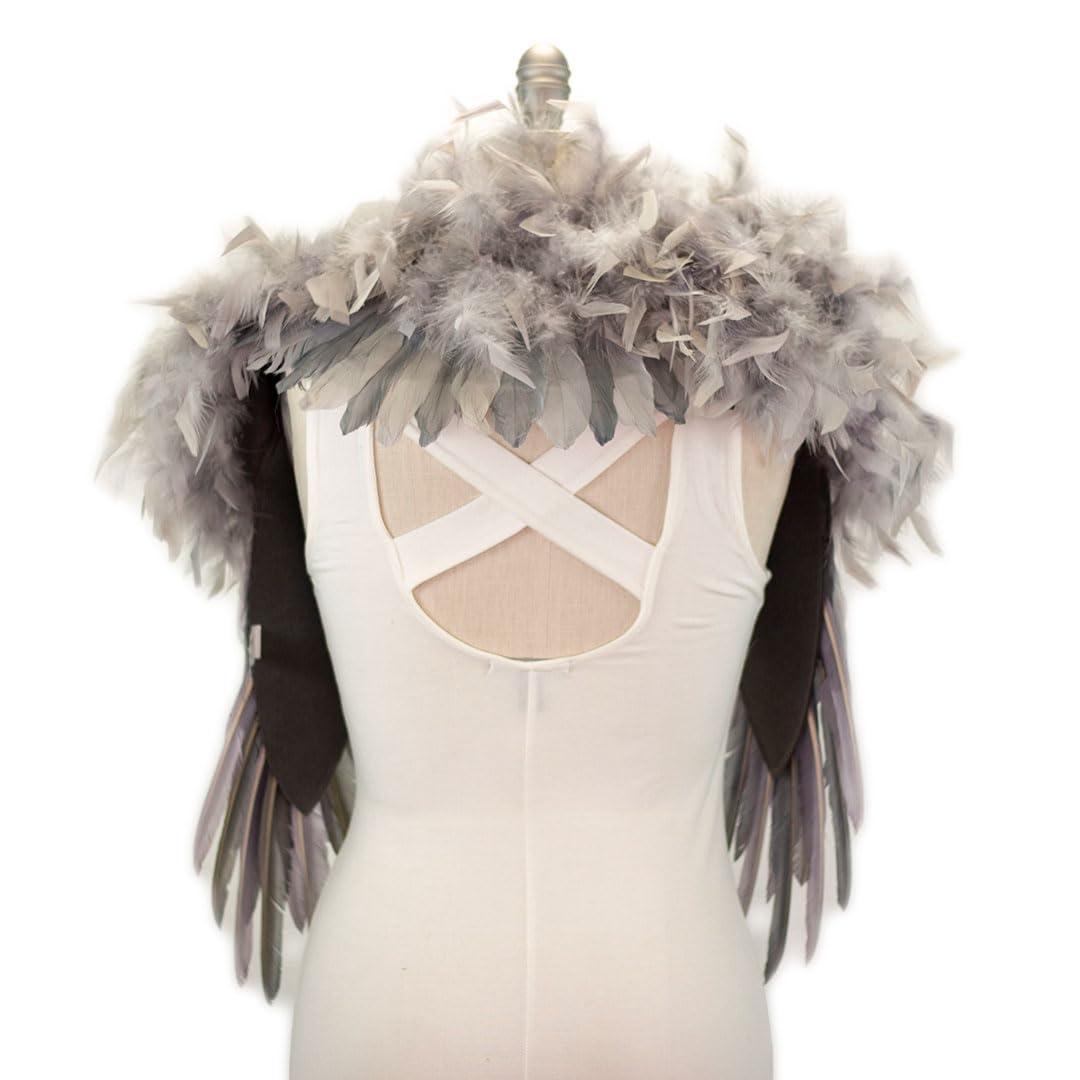 ZUCKER Epaulet Shoulder Wings Ethically-Sourced Real Goose and Chandelle Feathers - Over the Shoulder Angel Feather Epaulette - Feather Shrug for Costumes & Parties - Dark Grey & Silver (52" x 24") - Image 4