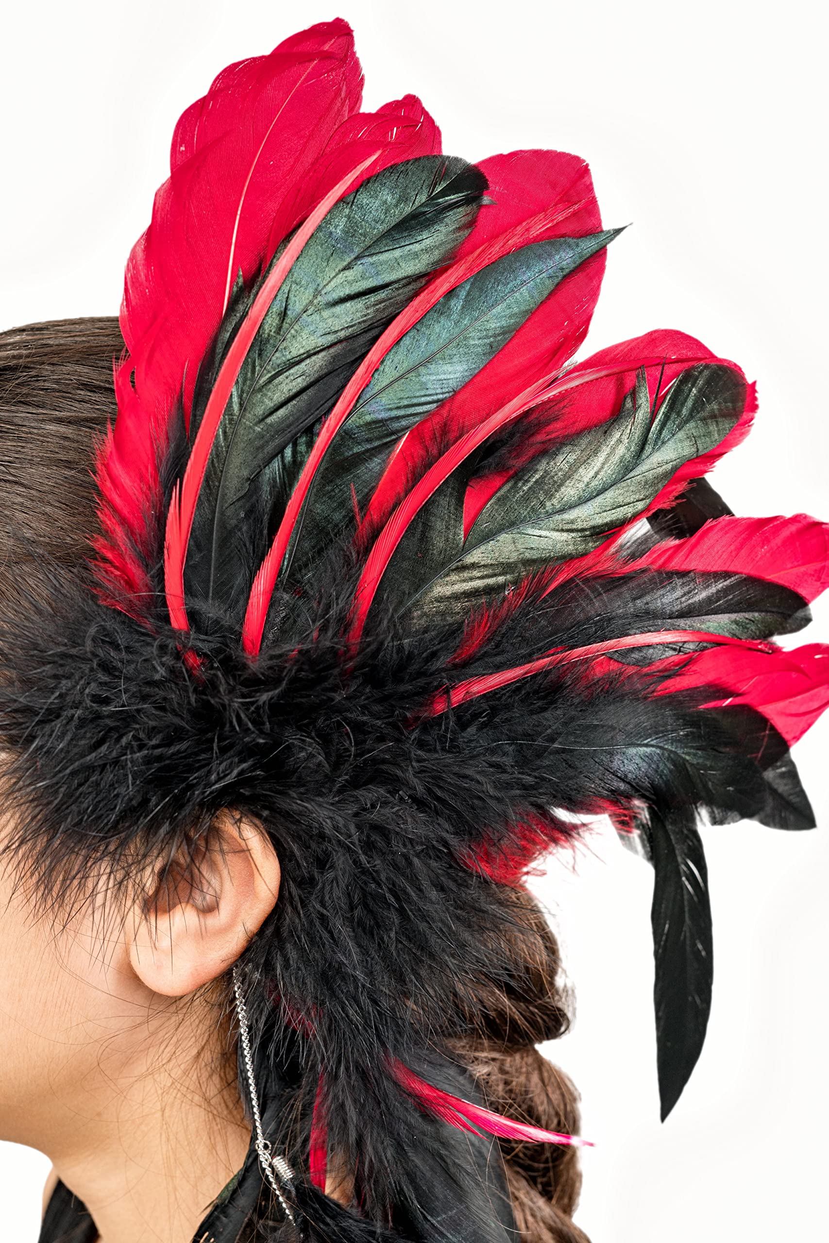 ZUCKER Feather Fascinators for Women - Black & Red Festival, Mardi Gras Ear Cuff Clip with Pierce-less Feather Earrings - Image 3