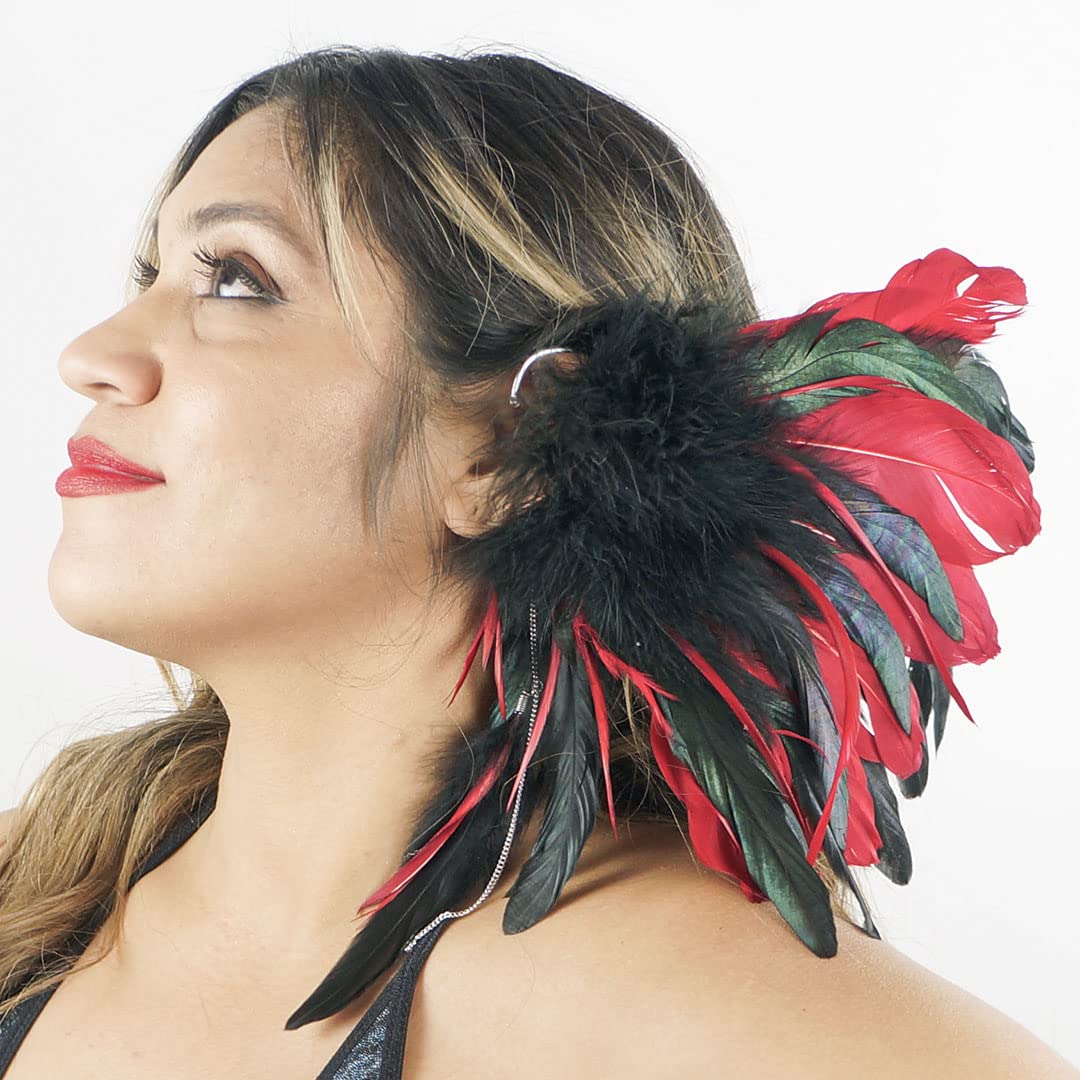 ZUCKER Feather Fascinators for Women - Black & Red Festival, Mardi Gras Ear Cuff Clip with Pierce-less Feather Earrings - Image 4