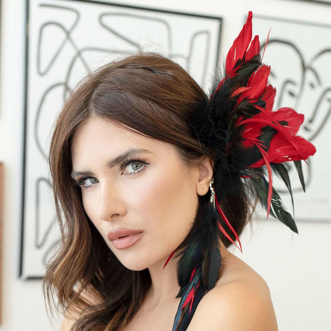 ZUCKER Feather Fascinators for Women - Black & Red Festival, Mardi Gras Ear Cuff Clip with Pierce-less Feather Earrings - Image 5