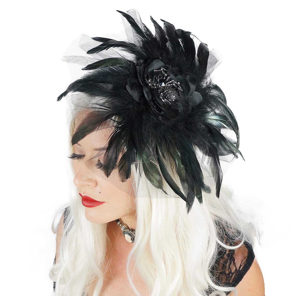 ZUCKER Jeweled Black Widow Spider Headband - Black Feather Hair Accessory for Halloween or Cosplay - Image 3