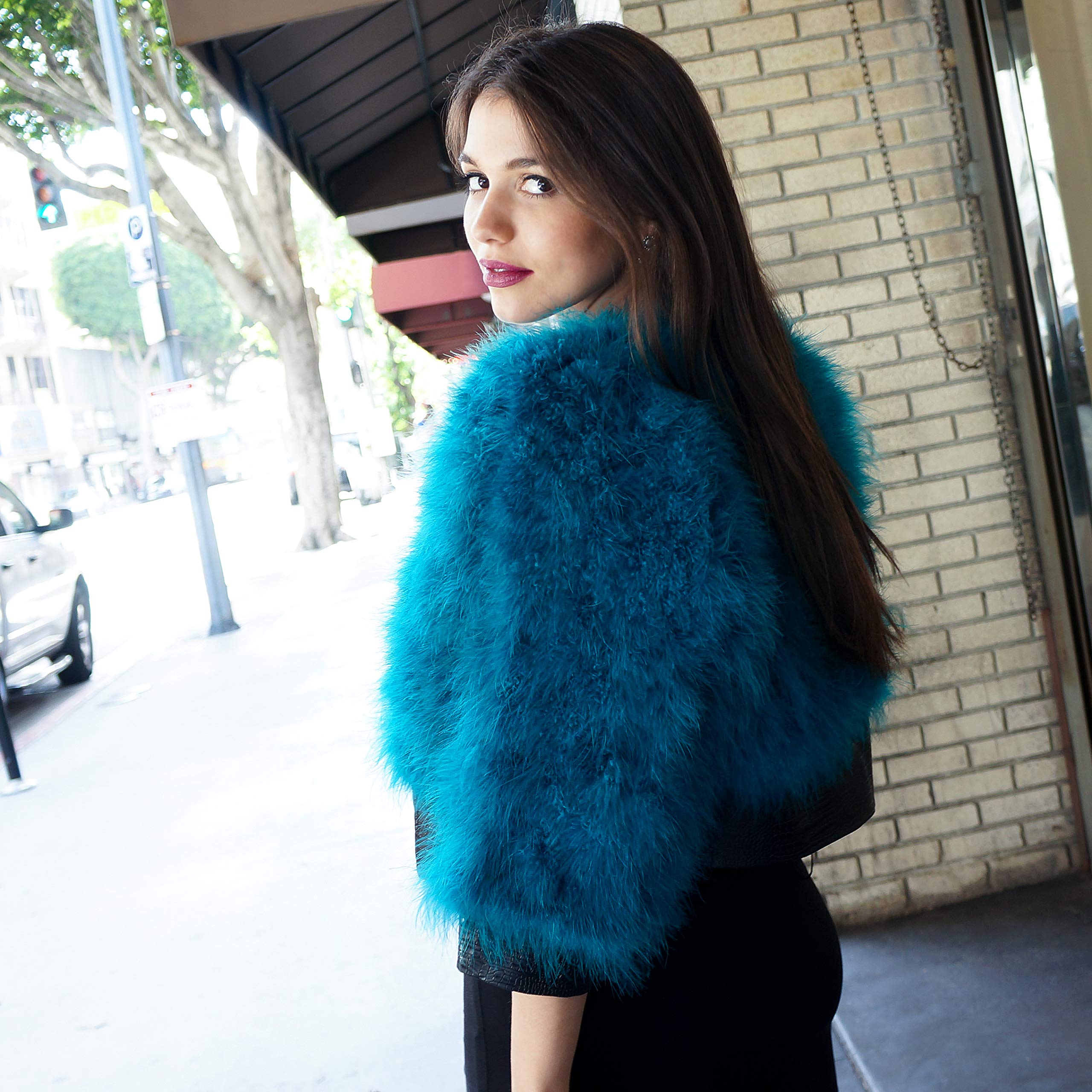 ZUCKER Natural Marabou Feather Jacket with Faux Leather Trim- 3/4 Sleeve Vintage Style Bolero Wedding Wrap for Women - Image 5