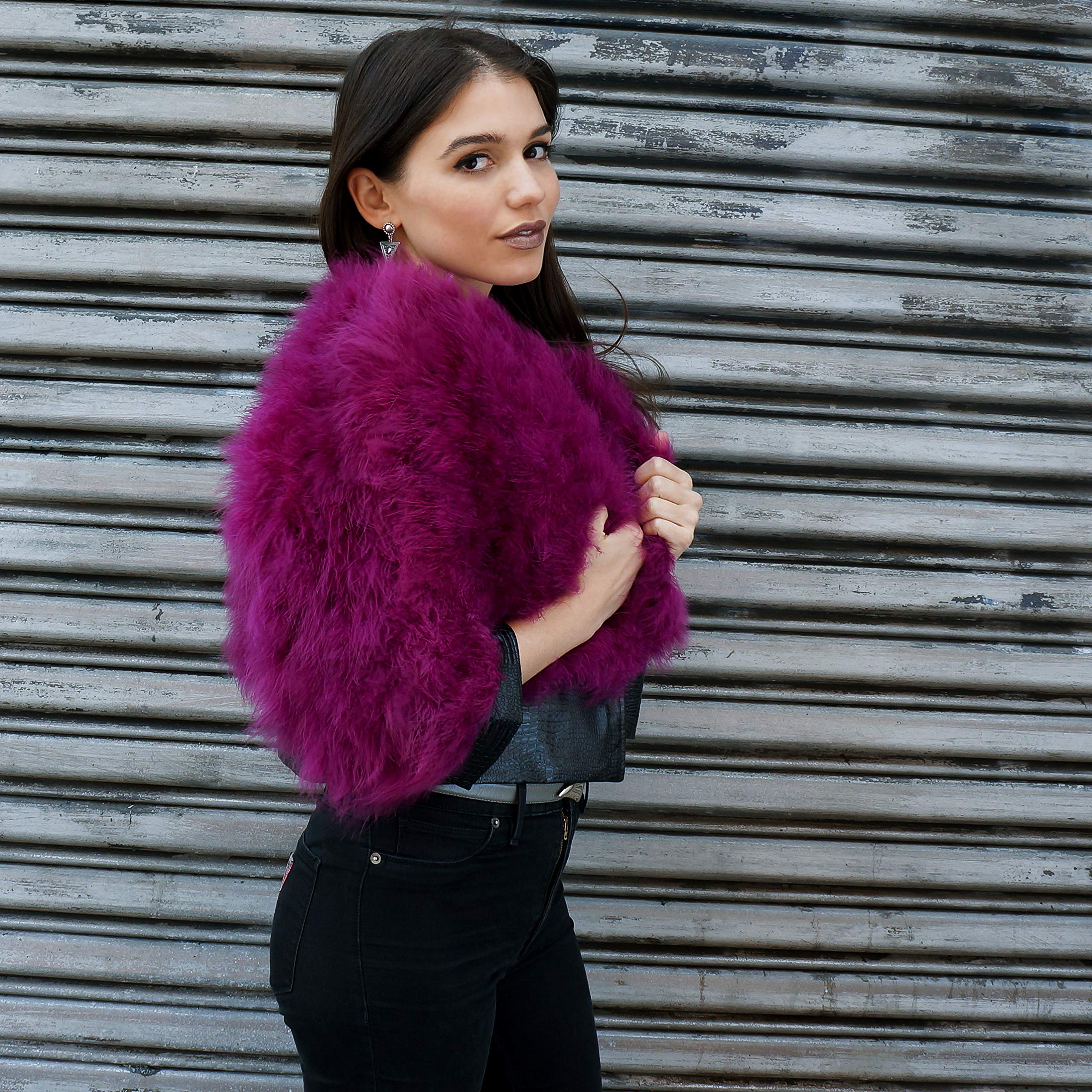 ZUCKER Natural Marabou Feather Jacket with Faux Leather Trim- 3/4 Sleeve Vintage Style Bolero Wedding Wrap for Women - Image 3