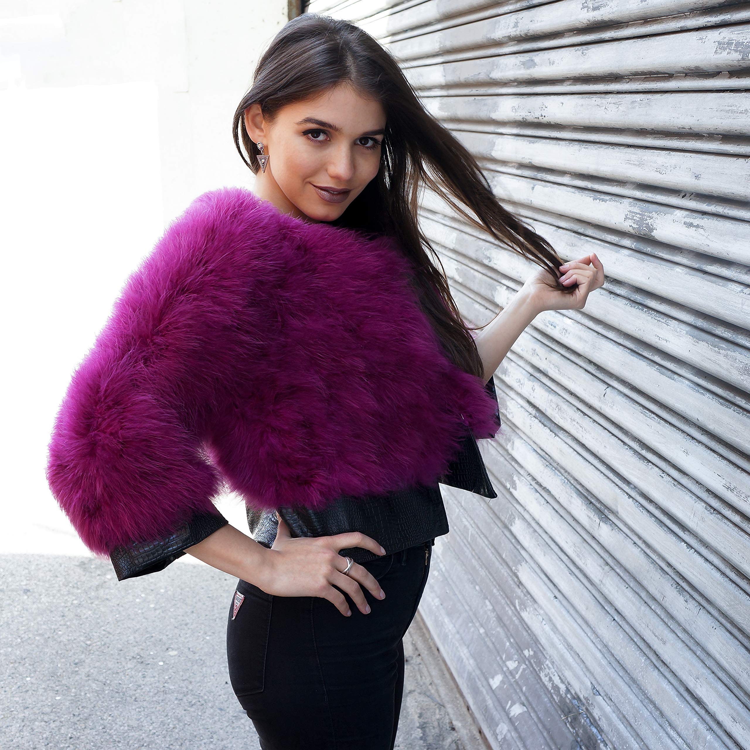 ZUCKER Natural Marabou Feather Jacket with Faux Leather Trim- 3/4 Sleeve Vintage Style Bolero Wedding Wrap for Women - Image 4