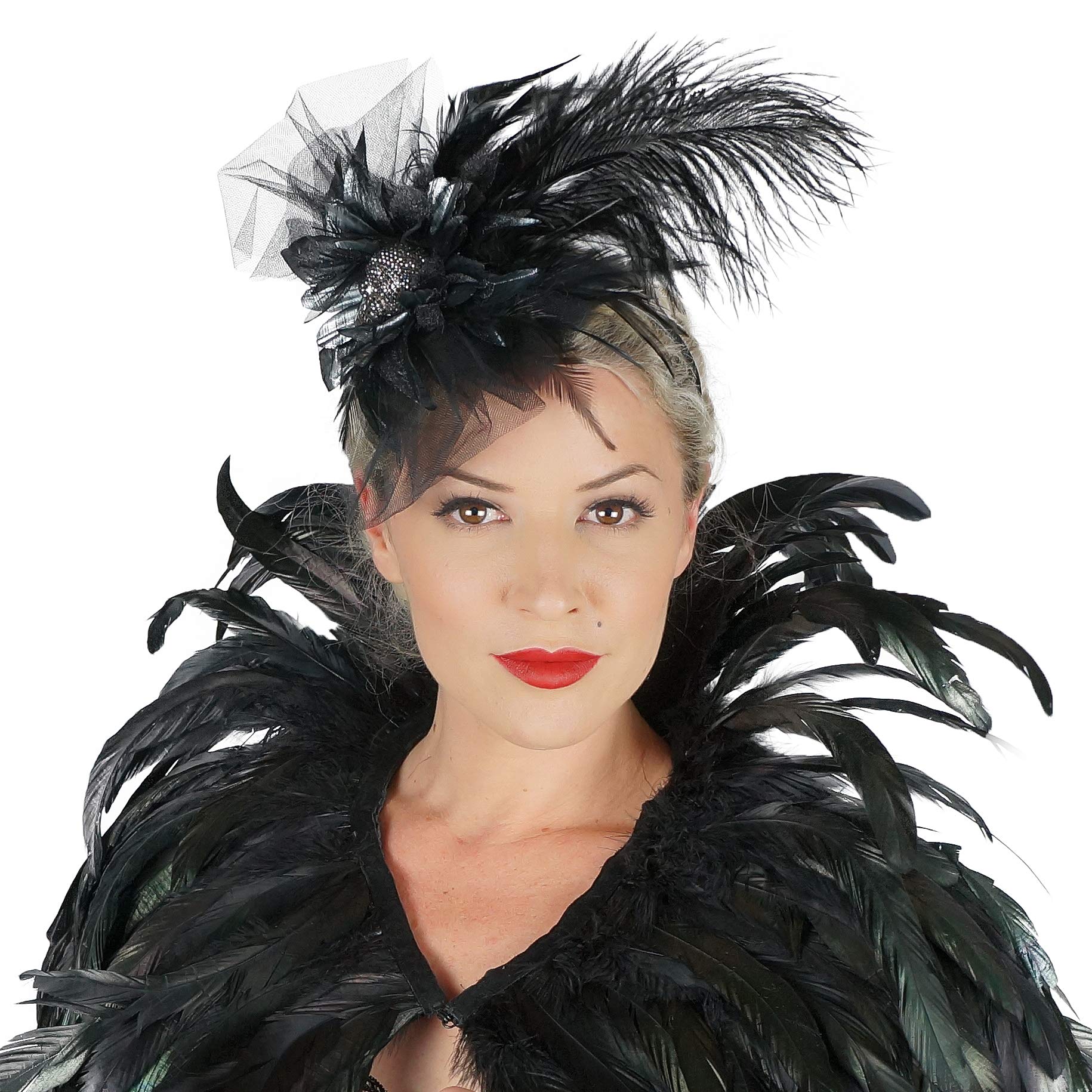 ZUCKER Ostrich Feather Headband with Sparkling Skull - Black and Silver Halloween Cosplay or Steampunk Hair Accessory - Image 3